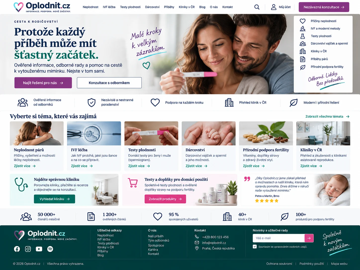 Ilustrační web o fertilitě v tyrkysové, růžové a bílé s párem a těhotenským testem